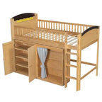 Lit mezzanine double/double avec armoire de rangement et placard, lit mezzanine moderne en bois massif avec tête de lit LED et barrières de sécurité pour chambre à coucher