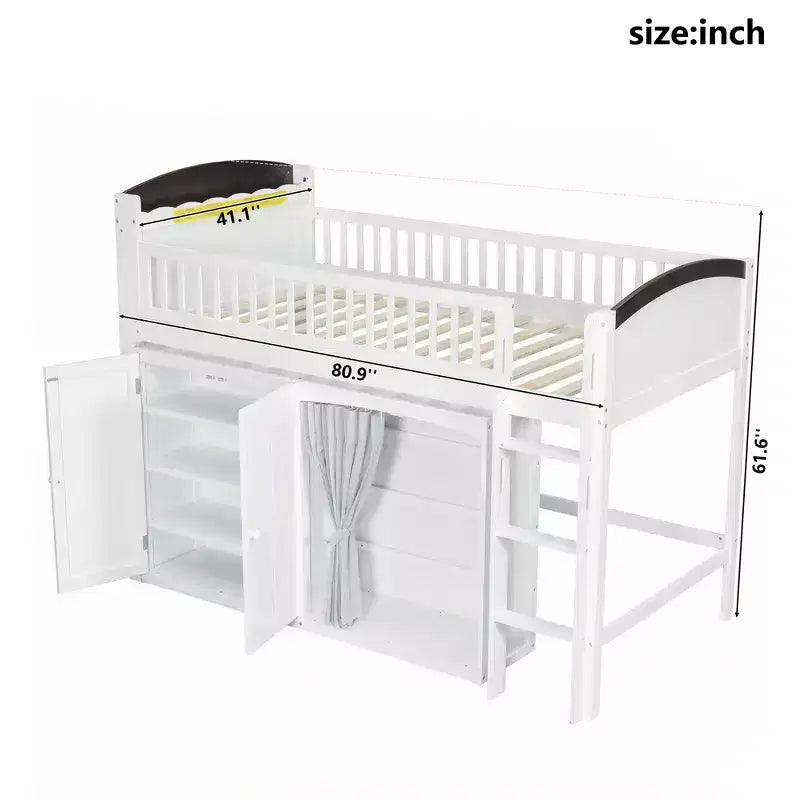 Lit mezzanine double/double avec armoire de rangement et placard, lit mezzanine moderne en bois massif avec tête de lit LED et barrières de sécurité pour chambre à coucher