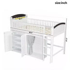 Lit mezzanine double/double avec armoire de rangement et placard, lit mezzanine moderne en bois massif avec tête de lit LED et barrières de sécurité pour chambre à coucher