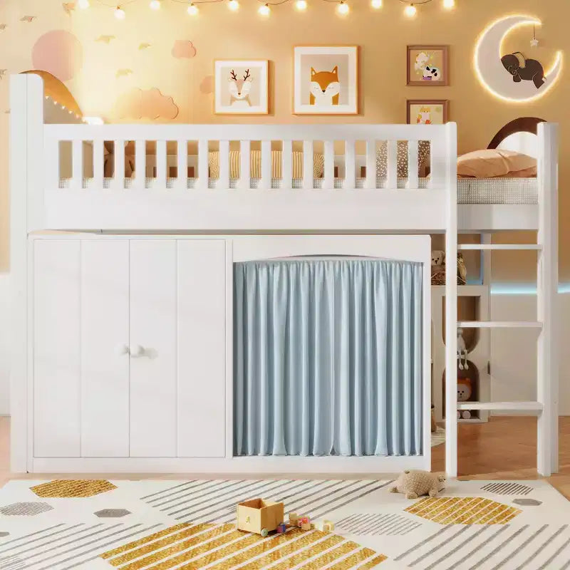 Lit mezzanine double/double avec armoire de rangement et placard, lit mezzanine moderne en bois massif avec tête de lit LED et barrières de sécurité pour chambre à coucher