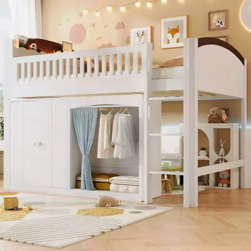 Lit mezzanine double/double avec armoire de rangement et placard, lit mezzanine moderne en bois massif avec tête de lit LED et barrières de sécurité pour chambre à coucher