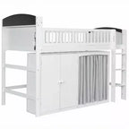 Lit mezzanine double/double avec armoire de rangement et placard, lit mezzanine moderne en bois massif avec tête de lit LED et barrières de sécurité pour chambre à coucher