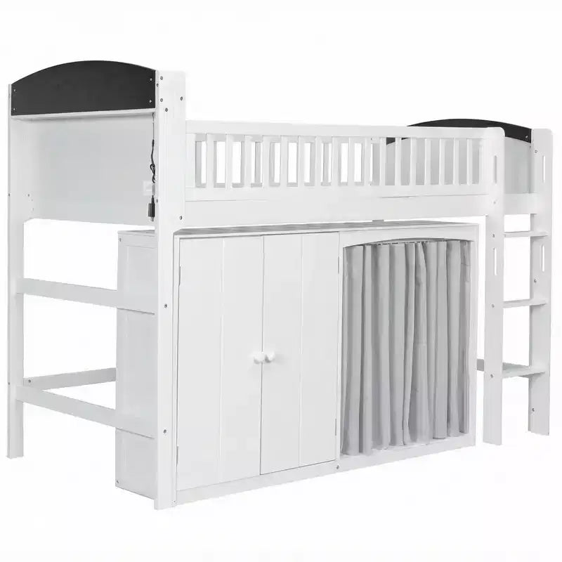 Lit mezzanine double/double avec armoire de rangement et placard, lit mezzanine moderne en bois massif avec tête de lit LED et barrières de sécurité pour chambre à coucher