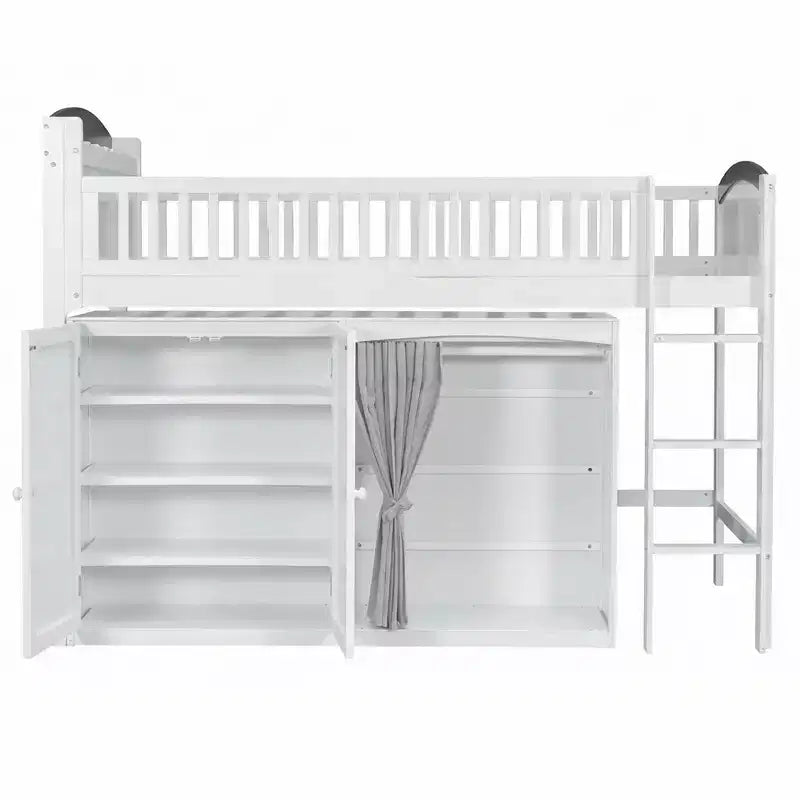 Lit mezzanine double/double avec armoire de rangement et placard, lit mezzanine moderne en bois massif avec tête de lit LED et barrières de sécurité pour chambre à coucher