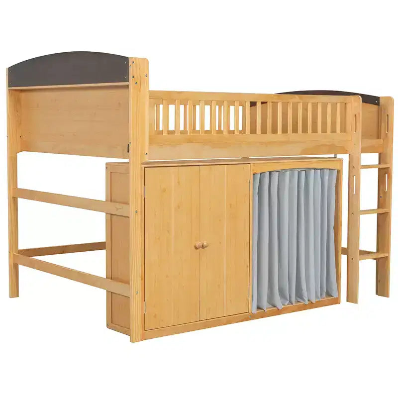 Lit mezzanine double/double avec armoire de rangement et placard, lit mezzanine moderne en bois massif avec tête de lit LED et barrières de sécurité pour chambre à coucher