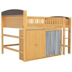 Lit mezzanine double/double avec armoire de rangement et placard, lit mezzanine moderne en bois massif avec tête de lit LED et barrières de sécurité pour chambre à coucher