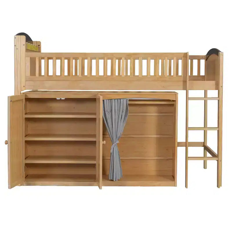 Lit mezzanine double/double avec armoire de rangement et placard, lit mezzanine moderne en bois massif avec tête de lit LED et barrières de sécurité pour chambre à coucher
