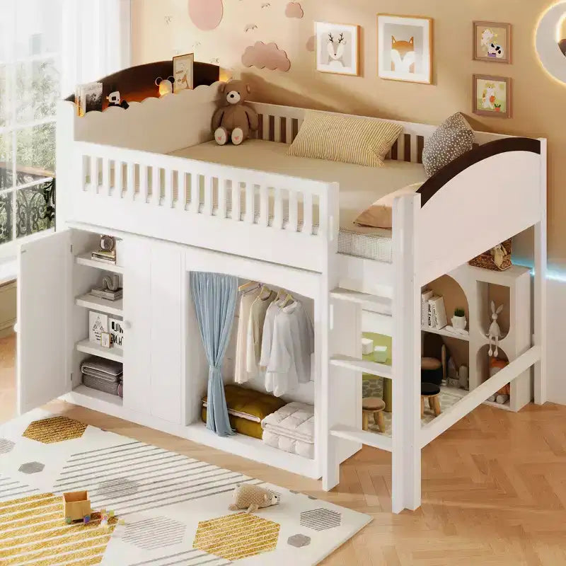Twin/Full Loft Bed with Storage Wardrobe & Cabinet, Solid Wood Modern Loft Bed with LED Headboard and Guardrails for Bedroom