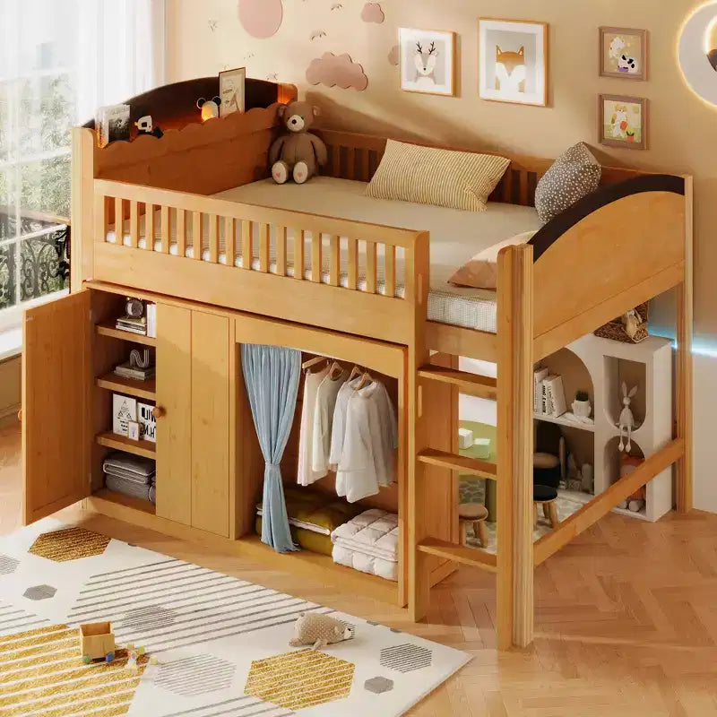 Lit mezzanine double/double avec armoire de rangement et placard, lit mezzanine moderne en bois massif avec tête de lit LED et barrières de sécurité pour chambre à coucher