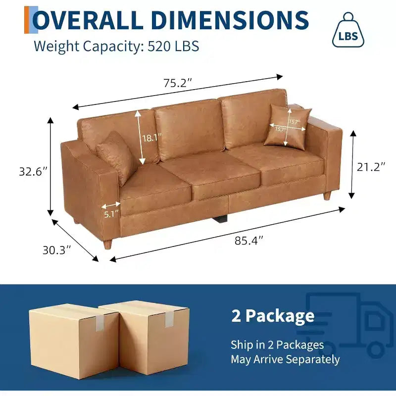 SunnyFurn Canapé 3 places en similicuir avec 2 coussins, assise profonde et pieds en bois pour salon/bureau