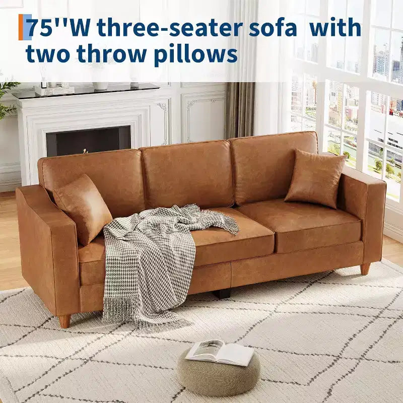 SunnyFurn Canapé 3 places en similicuir avec 2 coussins, assise profonde et pieds en bois pour salon/bureau