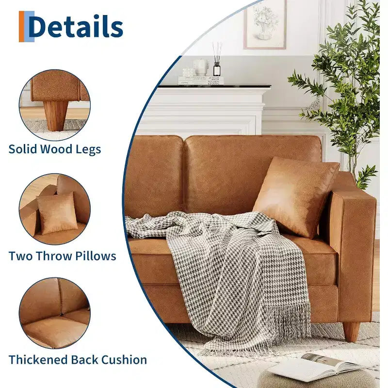 SunnyFurn Canapé 3 places en similicuir avec 2 coussins, assise profonde et pieds en bois pour salon/bureau