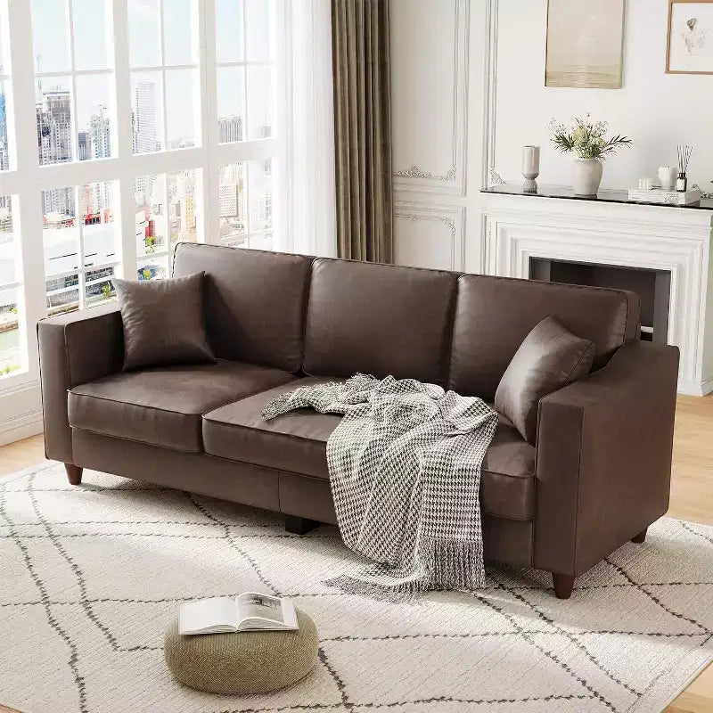 SunnyFurn Faux Leather 3-Seater Sofa with 2 Pillows, Deep Seat & Wood Legs for Living Room/Office
