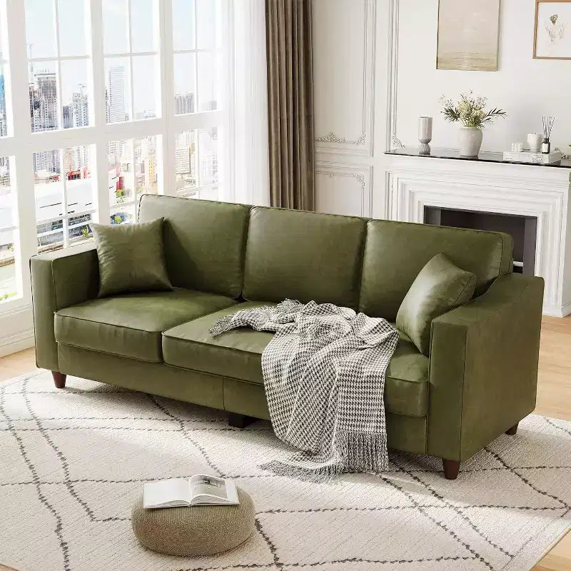 SunnyFurn Canapé 3 places en similicuir avec 2 coussins, assise profonde et pieds en bois pour salon/bureau