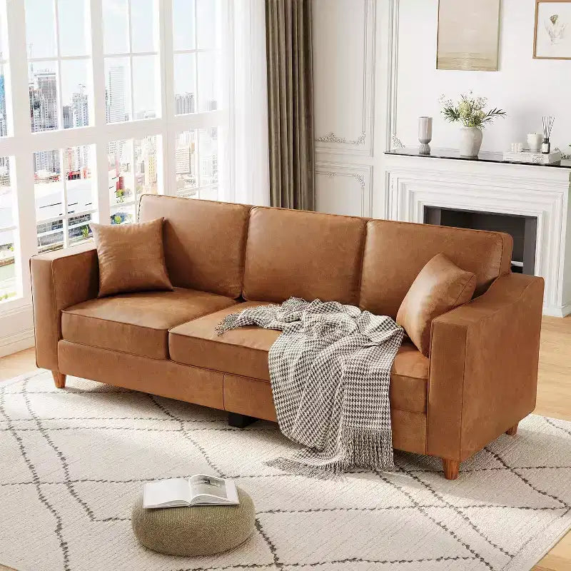 SunnyFurn Canapé 3 places en similicuir avec 2 coussins, assise profonde et pieds en bois pour salon/bureau