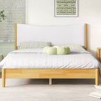 Sailvan Queen Size Solid Rubber Wooden Bed with Boucle Upholstered Headboard, Support Feet
