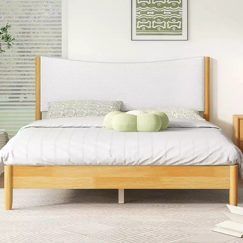 Sailvan Queen Size Solid Rubber Wooden Bed with Boucle Upholstered Headboard, Support Feet