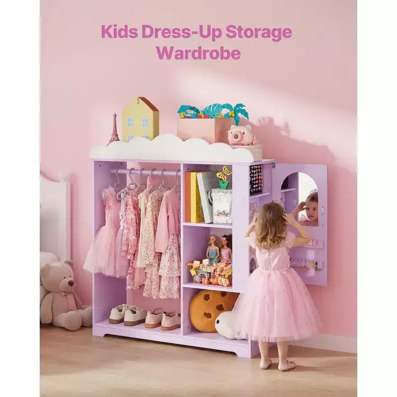 Meuble de rangement pour déguisements d'enfants VEVOR, avec armoire à bijoux, placard à déguisements avec miroir et étagères, dressing pour costumes de princesse, violet