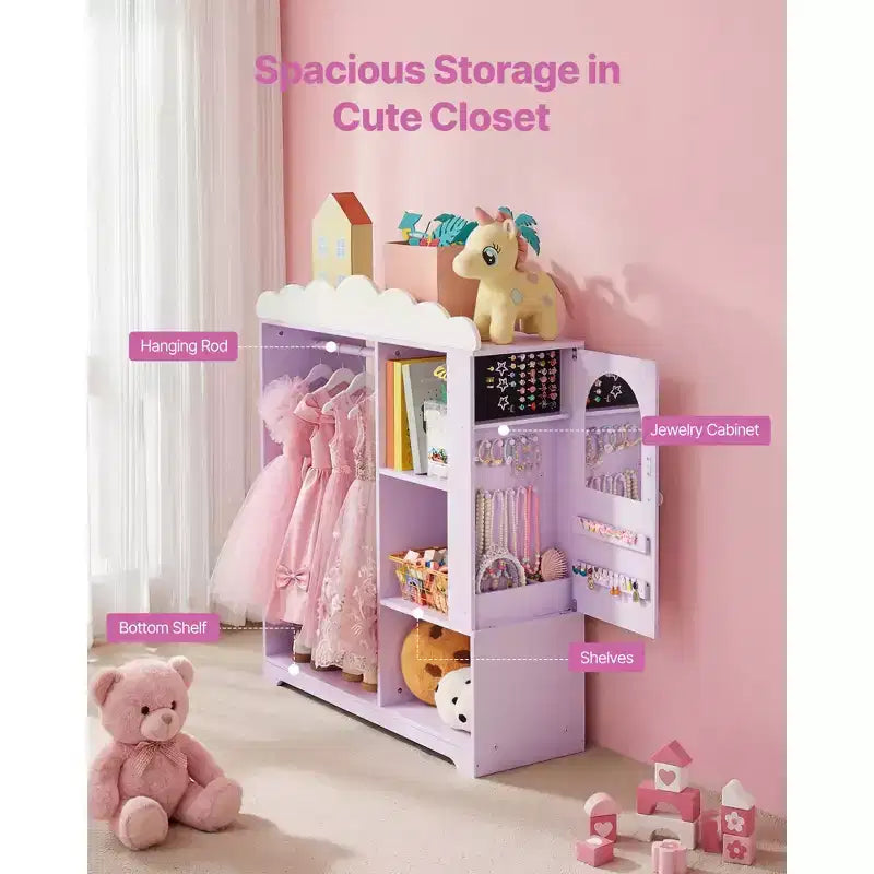 Meuble de rangement pour déguisements d'enfants VEVOR, avec armoire à bijoux, placard à déguisements avec miroir et étagères, dressing pour costumes de princesse, violet