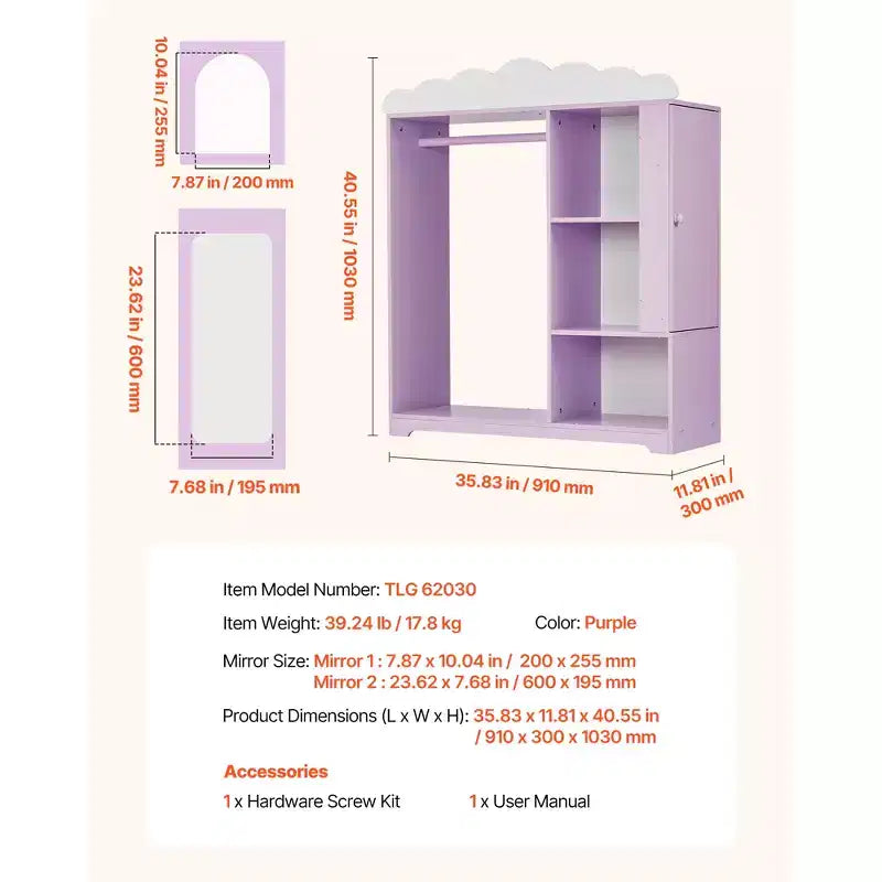 Meuble de rangement pour déguisements d'enfants VEVOR, avec armoire à bijoux, placard à déguisements avec miroir et étagères, dressing pour costumes de princesse, violet