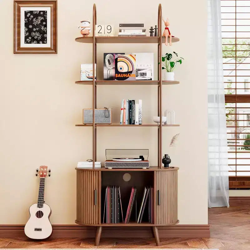 Tall Vinyl Record Player Stand,4-Tier Arched Bookshelf with Sliding Doors,Mid Century Modern Turntable Media Shelf for Living Room,Walnut