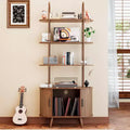 Tall Vinyl Record Player Stand,4-Tier Arched Bookshelf with Sliding Doors,Mid Century Modern Turntable Media Shelf for Living Room,Walnut