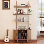 Tall Vinyl Record Player Stand,4-Tier Arched Bookshelf with Sliding Doors,Mid Century Modern Turntable Media Shelf for Living Room,Walnut