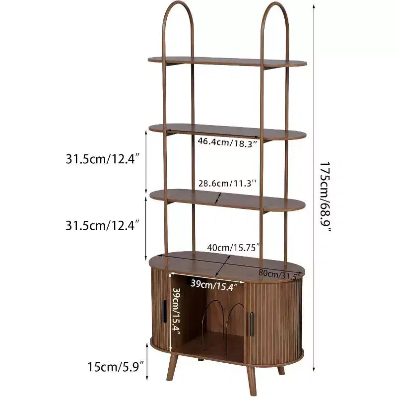 Grand meuble pour platine vinyle, étagère à livres arquée à 4 niveaux avec portes coulissantes, étagère média de tourne-disque de style moderne du milieu du siècle pour salon, Noyer