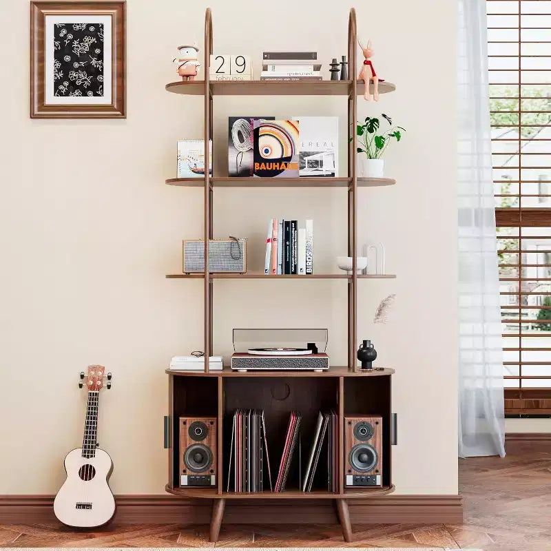 Grand meuble pour platine vinyle, étagère à livres arquée à 4 niveaux avec portes coulissantes, étagère média de tourne-disque de style moderne du milieu du siècle pour salon, Noyer