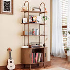 Grand meuble pour platine vinyle, étagère à livres arquée à 4 niveaux avec portes coulissantes, étagère média de tourne-disque de style moderne du milieu du siècle pour salon, Noyer