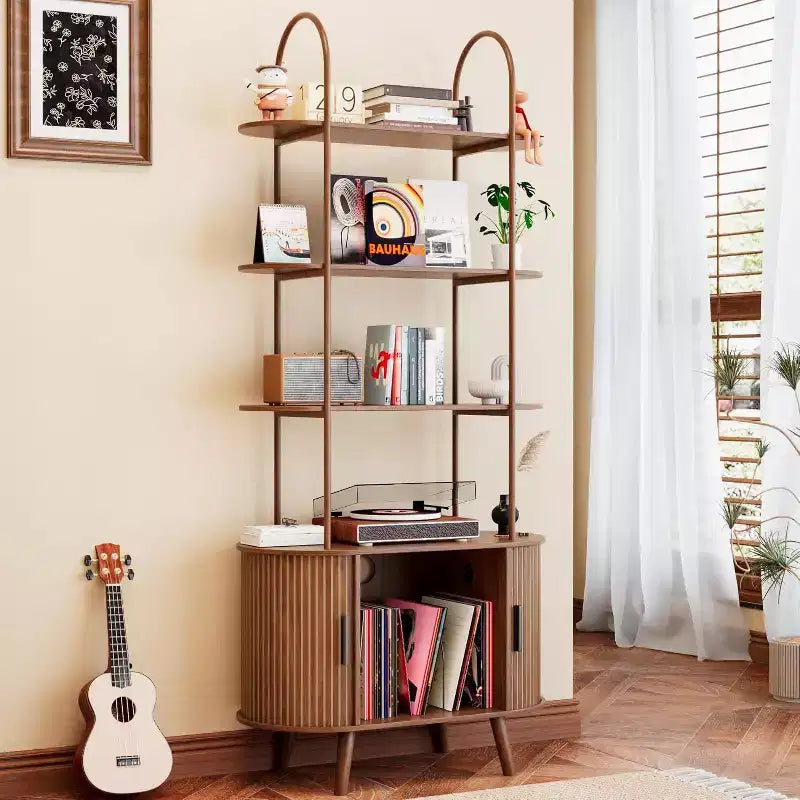 Grand meuble pour platine vinyle, étagère à livres arquée à 4 niveaux avec portes coulissantes, étagère média de tourne-disque de style moderne du milieu du siècle pour salon, Noyer