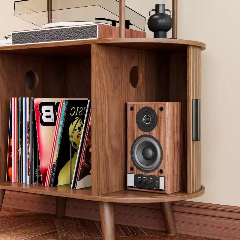 Grand meuble pour platine vinyle, étagère à livres arquée à 4 niveaux avec portes coulissantes, étagère média de tourne-disque de style moderne du milieu du siècle pour salon, Noyer