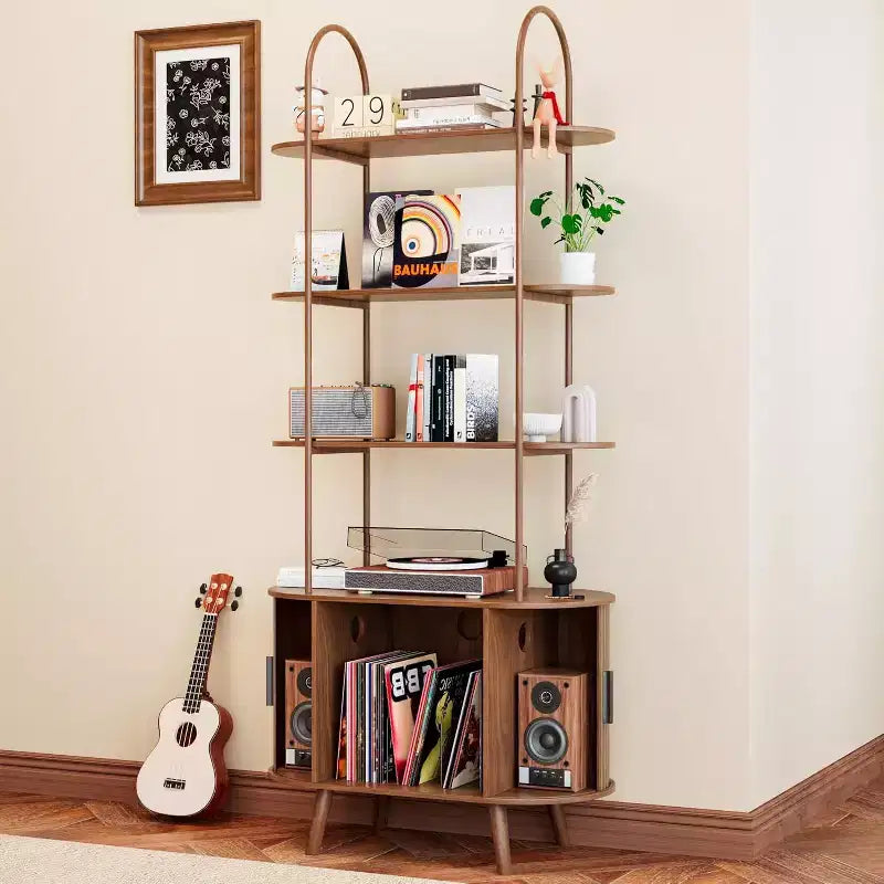 Grand meuble pour platine vinyle, étagère à livres arquée à 4 niveaux avec portes coulissantes, étagère média de tourne-disque de style moderne du milieu du siècle pour salon, Noyer