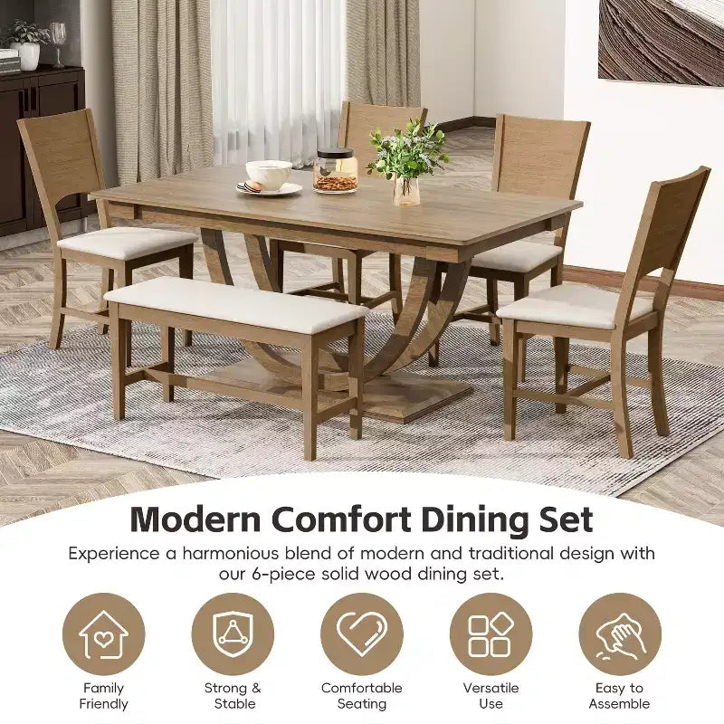 Ensemble de salle à manger 6 pièces pour 6 personnes, ensemble de table de cuisine familiale avec chaises de salle à manger et banc rembourrés ergonomiques - ModernLuxe