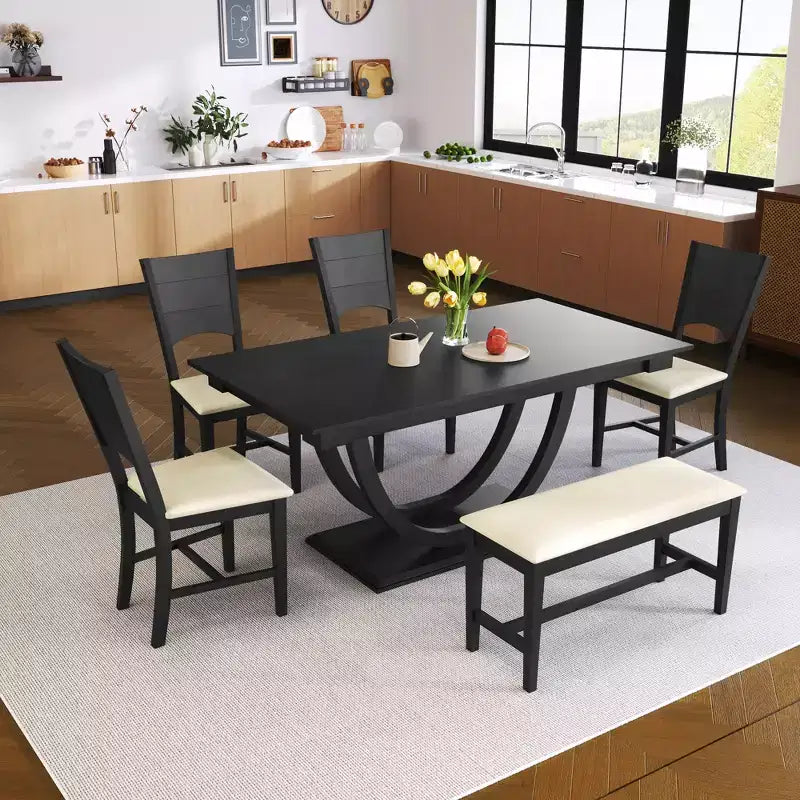 Ensemble de salle à manger 6 pièces pour 6 personnes, ensemble de table de cuisine familiale avec chaises de salle à manger et banc rembourrés ergonomiques - ModernLuxe