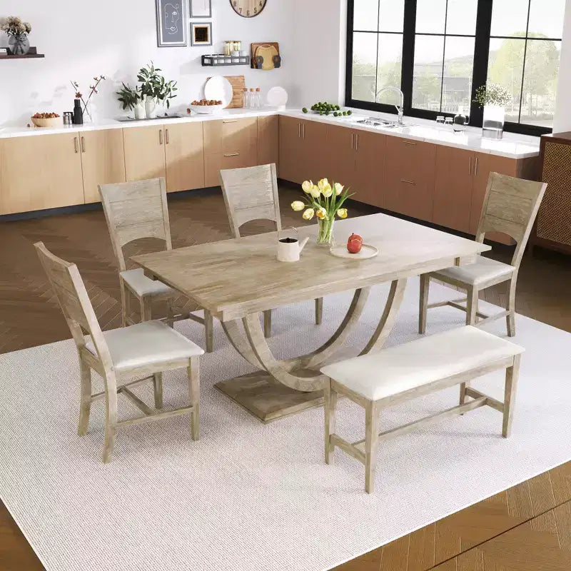 Ensemble de salle à manger 6 pièces pour 6 personnes, ensemble de table de cuisine familiale avec chaises de salle à manger et banc rembourrés ergonomiques - ModernLuxe