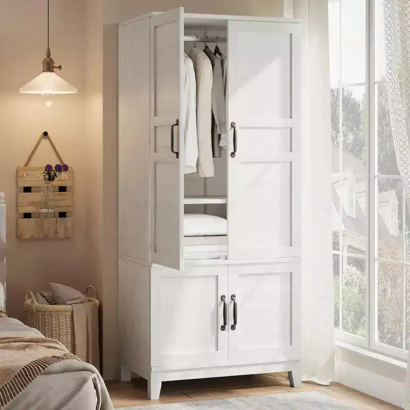 72 Modern Wooden Armoire Wardrobe  4 Doors, 18 Adjustable Shelves & Hanging Rod  Freestanding Bedroom Storage Cabinet