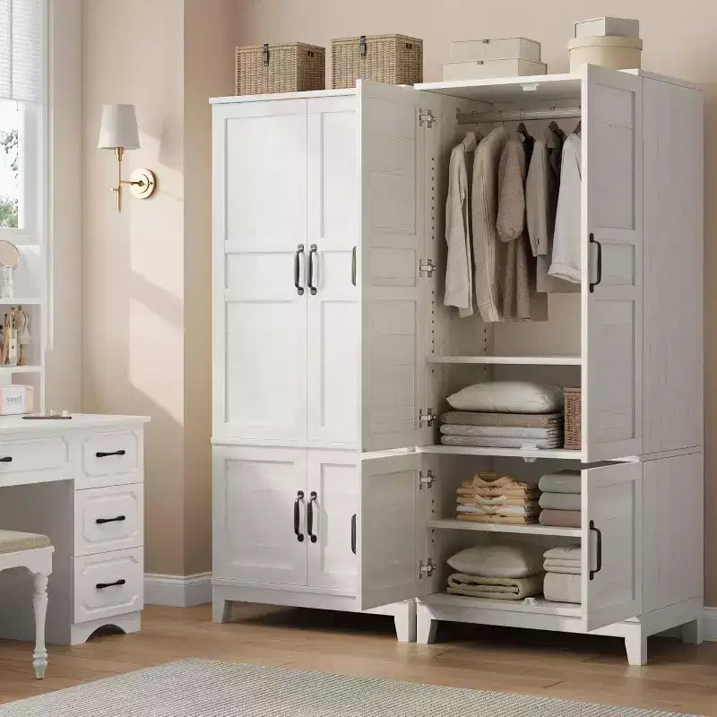 Armoire-penderie moderne en bois de 72 po – 4 portes, 18 tablettes ajustables et tringle de suspension – Meuble de rangement autoportant pour chambre à coucher