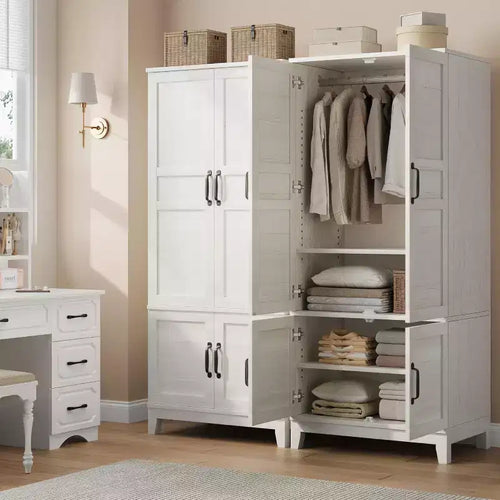 Armoire-penderie moderne en bois de 72 po – 4 portes, 18 tablettes ajustables et tringle de suspension – Meuble de rangement autoportant pour chambre à coucher