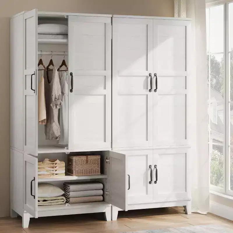 Armoire-penderie moderne en bois de 72 po – 4 portes, 18 tablettes ajustables et tringle de suspension – Meuble de rangement autoportant pour chambre à coucher