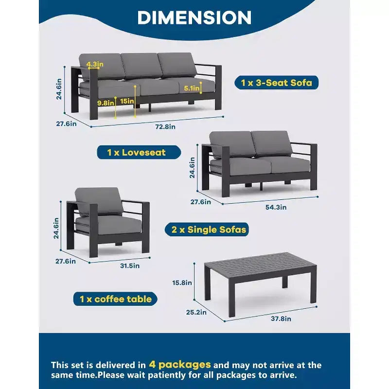 Ensemble de mobilier de patio en aluminium 7 places – Canapé d'angle extérieur 5 pièces avec 4 accoudoirs, 5 coussins épais et table basse – Parfait pour le jardin
