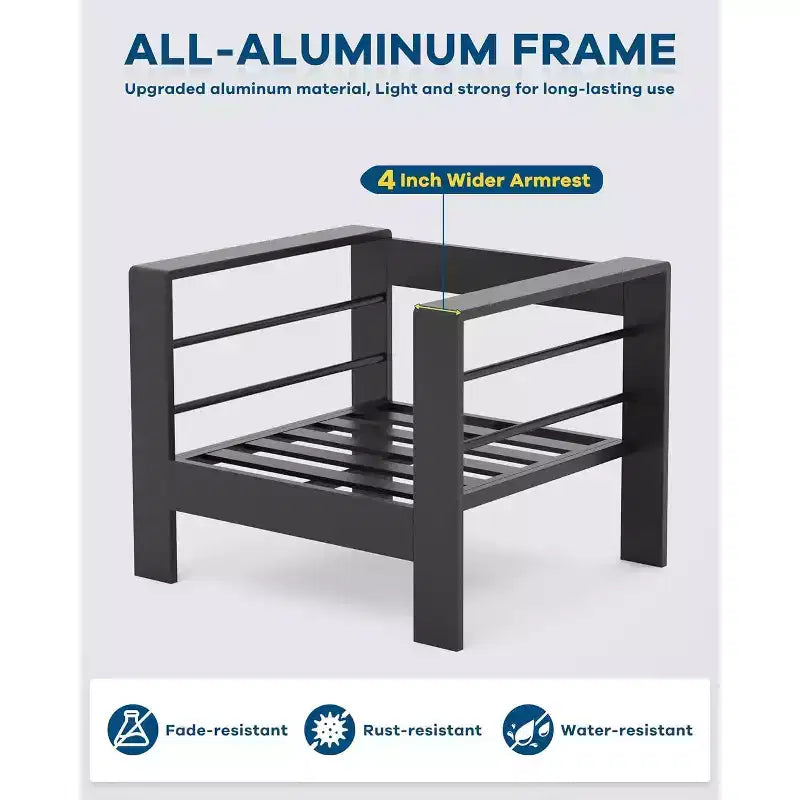 Ensemble de mobilier de patio en aluminium 7 places – Canapé d'angle extérieur 5 pièces avec 4 accoudoirs, 5 coussins épais et table basse – Parfait pour le jardin