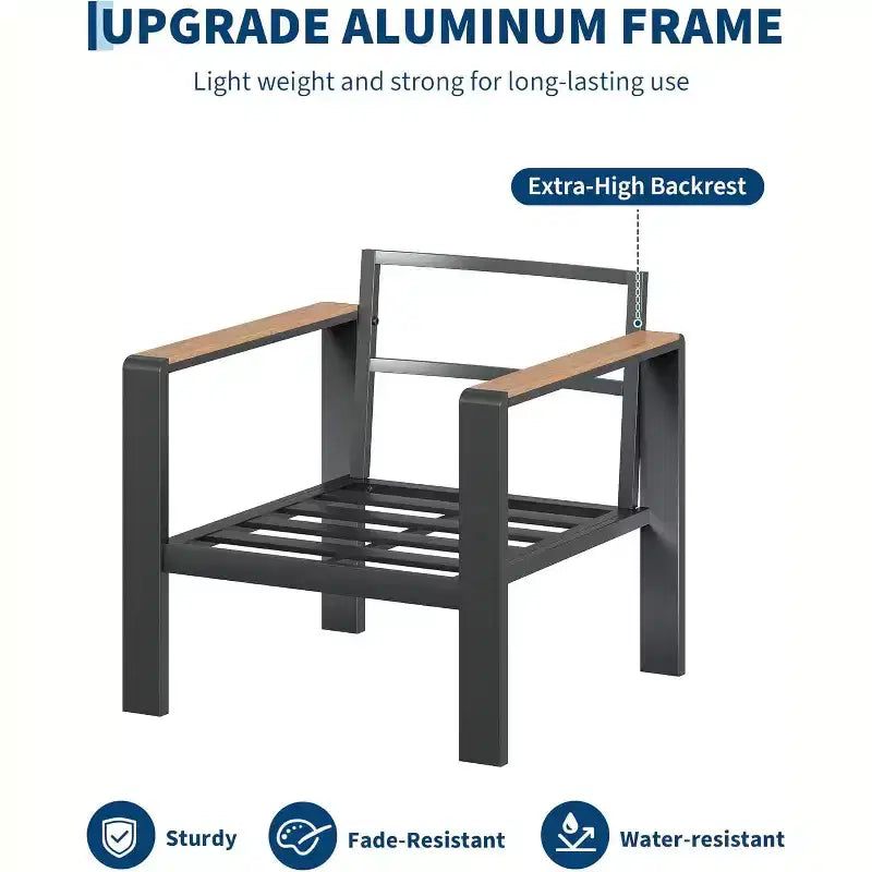 Ensemble de mobilier de patio en aluminium 7 places – Canapé d'angle extérieur 5 pièces avec 4 accoudoirs, 5 coussins épais et table basse – Parfait pour le jardin