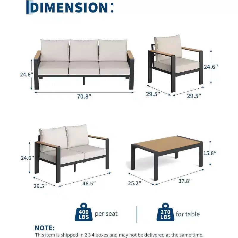 Ensemble de mobilier de patio en aluminium 7 places – Canapé d'angle extérieur 5 pièces avec 4 accoudoirs, 5 coussins épais et table basse – Parfait pour le jardin