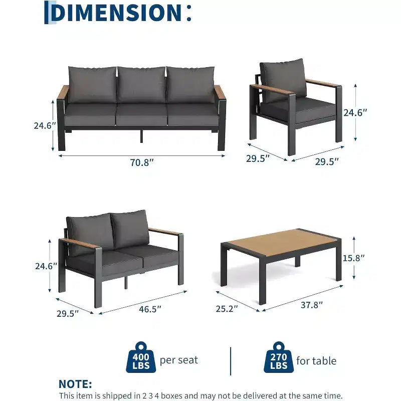 Ensemble de mobilier de patio en aluminium 7 places – Canapé d'angle extérieur 5 pièces avec 4 accoudoirs, 5 coussins épais et table basse – Parfait pour le jardin