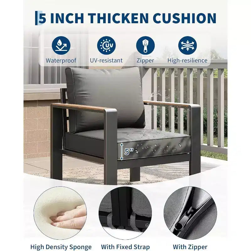 Ensemble de mobilier de patio en aluminium 7 places – Canapé d'angle extérieur 5 pièces avec 4 accoudoirs, 5 coussins épais et table basse – Parfait pour le jardin