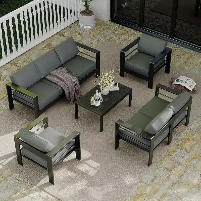 Ensemble de mobilier de patio en aluminium 7 places – Canapé d'angle extérieur 5 pièces avec 4 accoudoirs, 5 coussins épais et table basse – Parfait pour le jardin