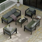 Ensemble de mobilier de patio en aluminium 7 places – Canapé d'angle extérieur 5 pièces avec 4 accoudoirs, 5 coussins épais et table basse – Parfait pour le jardin