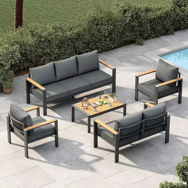 7-Seat Aluminum Patio Furniture Set  5-Piece Outdoor Sectional Sofa with 4 Armrests, 5 Thick Cushions & Coffee Table  Perfect for Backyard