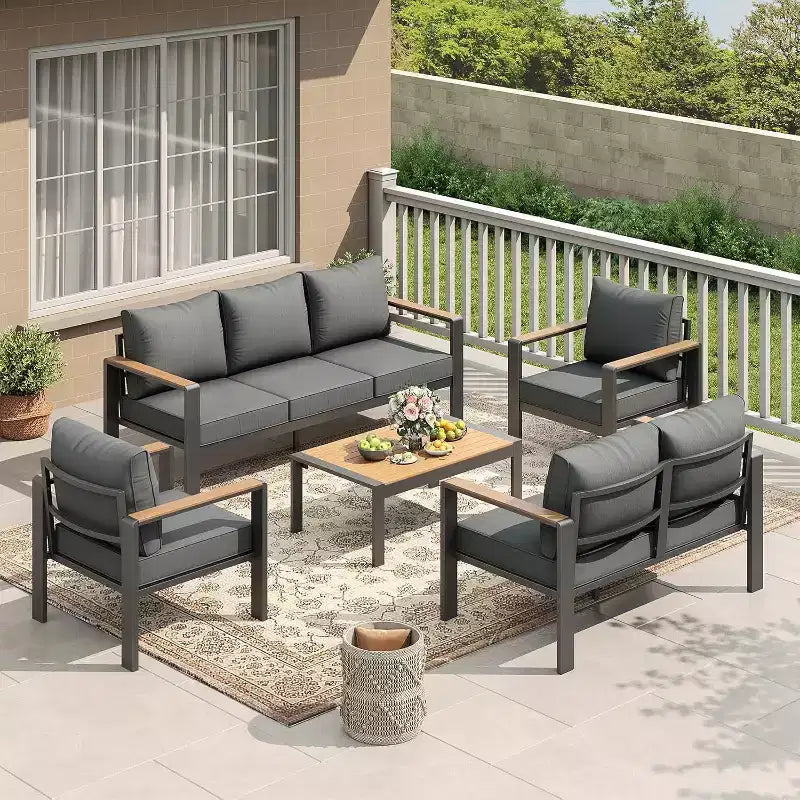 Ensemble de mobilier de patio en aluminium 7 places – Canapé d'angle extérieur 5 pièces avec 4 accoudoirs, 5 coussins épais et table basse – Parfait pour le jardin